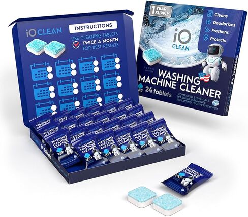 أقراص إزالة الترسبات لتنظيف الغسالات من آي أو كلين، 24 قرصًا (كمية تكفي لمدة عام) - أقراص تنظيف الغسالات ذات التنظيف العميق للتحميل الأمامي والتحميل العلوي - مزيل الترسبات غير المعطر للغسالة للتحكم في الرائحة in Kuwait