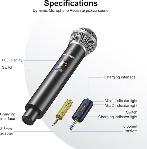ميكروفون Aokeo اللاسلكي لإدخال الميكروفون، ميكروفون متعدد الأغراض ديناميكي معدني UHF مع جهاز استقبال قابل لإعادة الشحن (يعمل 4 ساعات)، نطاق 160 قدم، لآلة الكاريوكي، مكبر صوت، خلاط، كنيسة in Kuwait