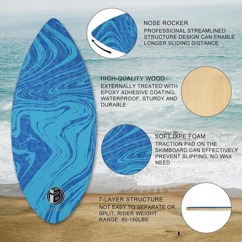 36" Skipper Skimboard for Beginners, Teens & Adults - High Gloss Coat Wooden Beach Skim Board with 3 Color Traction Pad Options in Saudi Arabia