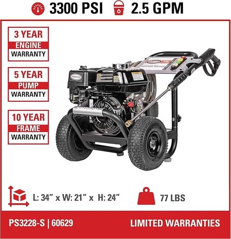 غسالة ضغط الغاز SIMPSON Cleaning PS3228 PowerShot 3300 PSI، 2.5 GPM، محرك Honda GX200، تتضمن مسدس رش وعصا تمديد، 5 أطراف فوهة QC، خرطوم MorFlex بطول 5/16 بوصة × 25 قدمًا، 49 حالة in Kuwait