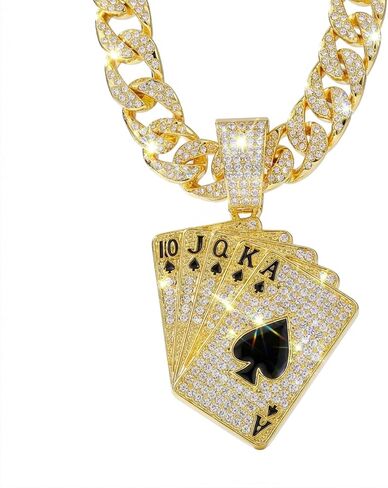 Playing card Hip-hop Cuban Chain, Pendant Miami Cuban Link Chain for Men, Gold/Silver Plated Diamond Necklace, Iced Out Hip Hop Necklace in Kuwait