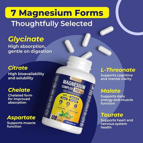 Magnesium Complex for Women & Men 1100mg, 7-in-1 Magnesium Supplement with Ashwagandha & L-Theanine for Calm & Sleep Support, High Absorption, Vegan 120 Capsules in Saudi Arabia