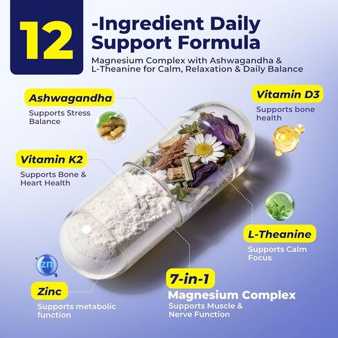 Magnesium Complex for Women & Men 1100mg, 7-in-1 Magnesium Supplement with Ashwagandha & L-Theanine for Calm & Sleep Support, High Absorption, Vegan 120 Capsules in Saudi Arabia