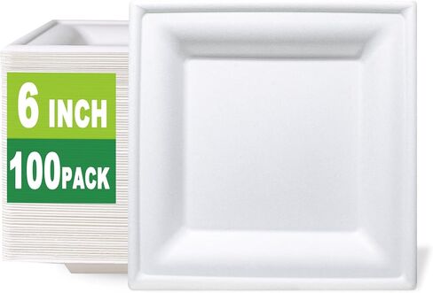 GreenWorks 100 Count 6 Inch Small Square Compostable plates, Heavy Duty Bagasse and Bamboo Fiber Plates in Saudi Arabia