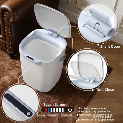 4 Gal Trash Can with Lid,Motion Sensor Trash Bin, Automatic Touchless Garbage Can,Odor Control, 15 Liter White Wastebasket Bin for livingroom,Bedrooms,Bathrooms,Office,Kitchens. in Kuwait