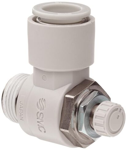 SMC AS2201F-02-08S صمام التحكم في تدفق الهواء مع تركيب الدفع للتوصيل، PBT والنحاس المطلي بالنيكل، الكوع، مع مانع التسرب، 1/4 بوصة BSPT ذكر × 8 مم أنبوب OD in Saudi Arabia