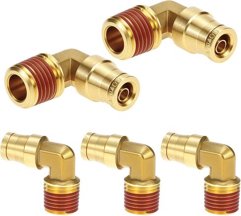 QWORK 1/4" Brass Push to Connect Air Line Fittings, 1/4" OD Tube x 1/4" NPT Thread, 5 Pcs 90 Degree Joint Elbow with Red Thread Sealant, Air Brake uick Connect Fittings in Saudi Arabia
