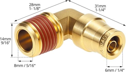 QWORK 1/4" Brass Push to Connect Air Line Fittings, 1/4" OD Tube x 1/4" NPT Thread, 5 Pcs 90 Degree Joint Elbow with Red Thread Sealant, Air Brake uick Connect Fittings in Saudi Arabia