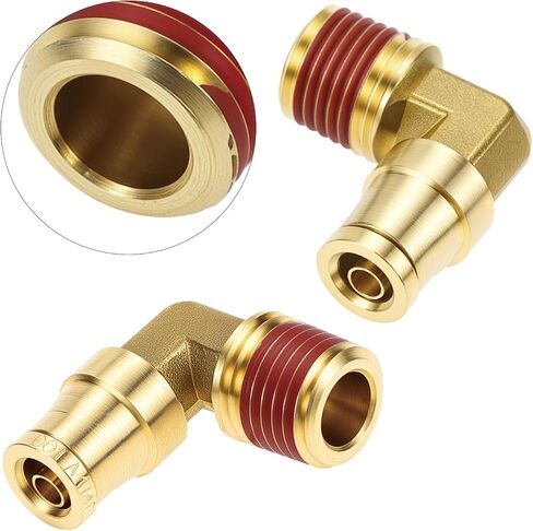 QWORK 1/4" Brass Push to Connect Air Line Fittings, 1/4" OD Tube x 1/4" NPT Thread, 5 Pcs 90 Degree Joint Elbow with Red Thread Sealant, Air Brake uick Connect Fittings in Saudi Arabia