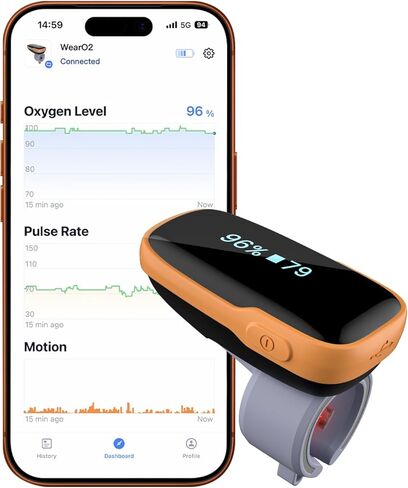 جهاز مراقبة الأكسجين في الدم Vibeat WearO2 - مقياس التأكسج النبضي بتقنية البلوتوث لتتبع الأكسجين المستمر ومعدل ضربات القلب، جهاز قياس الأكسجين بالإصبع قابل لإعادة الشحن، يمكن ارتداؤه مع إشعار وتطبيق مجاني in Kuwait