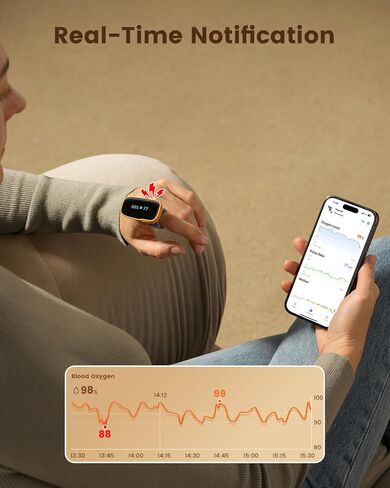 جهاز مراقبة الأكسجين في الدم Vibeat WearO2 - مقياس التأكسج النبضي بتقنية البلوتوث لتتبع الأكسجين المستمر ومعدل ضربات القلب، جهاز قياس الأكسجين بالإصبع قابل لإعادة الشحن، يمكن ارتداؤه مع إشعار وتطبيق مجاني in Kuwait