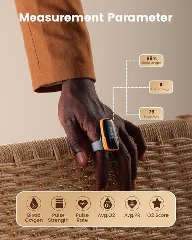 جهاز مراقبة الأكسجين في الدم Vibeat WearO2 - مقياس التأكسج النبضي بتقنية البلوتوث لتتبع الأكسجين المستمر ومعدل ضربات القلب، جهاز قياس الأكسجين بالإصبع قابل لإعادة الشحن، يمكن ارتداؤه مع إشعار وتطبيق مجاني in Kuwait