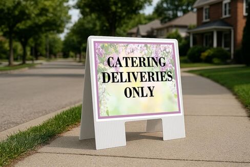 Catering Deliveries Only Spring Flowers Purple Lilac Up Arrows A-Frame Single Sided 23x23 in. sign in Kuwait