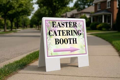 Easter Catering Booth Spring Flowers Purple Lilac Directional Arrows A-Frame Double Sided 23x23 in. sign in Kuwait