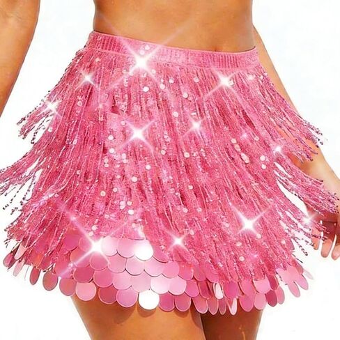 REETAN Fringe Sequin Skirt Belly Dance Sparkly Tassel Skirts for Women (Pink) in Saudi Arabia