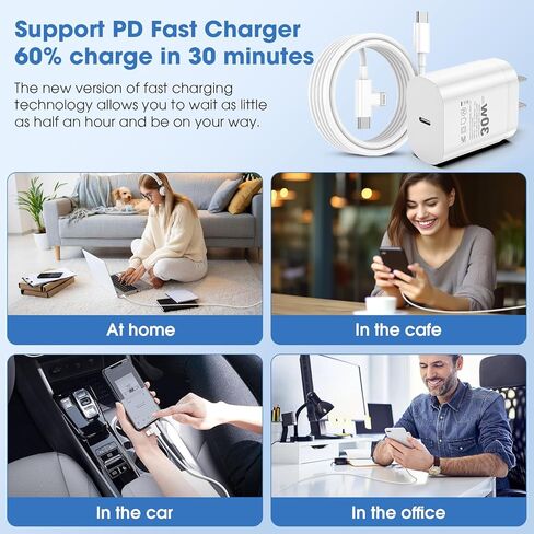 شاحن iPhone سريع الشحن، 2 حزمة شاحن USB C بقدرة 30 وات مع كابل من النوع C إلى C وكابل Lightning بطول 6 أقدام متوافق مع iPhone 17/16/15/14/13/13 Pro/12 Pro/12 Pro Max/11/Xs Max/XR/X/SE، وiPad، وAirPods in Kuwait
