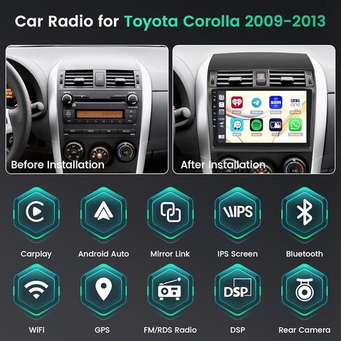 8 Core 6+128GB Wireless Apple Carplay لراديو Toyota Corolla Android 2009-2013، شاشة لمس 9 بوصة كورولا ستيريو مع Android Auto، 32EQ DSP، بلوتوث، 59 UI، WiFi، GPS، SWC، ميكروفون، كاميرا احتياطية in Saudi Arabia
