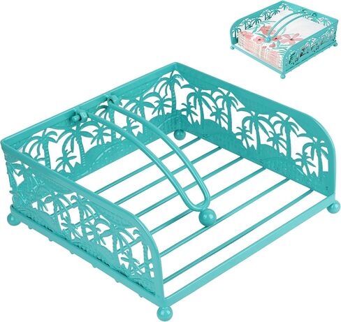 Flat Napkin Holder - Coastal Teal Metal Caddy with Weighted Arm for 6.5" Square Luncheon Napkins, Windproof Nautical Palm Tree Decor for Kitchen, Outdoor Picnic, BBQ, Beach Party in Kuwait