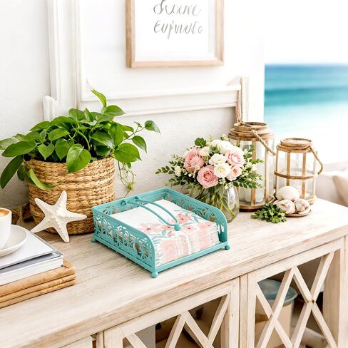 Flat Napkin Holder - Coastal Teal Metal Caddy with Weighted Arm for 6.5" Square Luncheon Napkins, Windproof Nautical Palm Tree Decor for Kitchen, Outdoor Picnic, BBQ, Beach Party in Kuwait