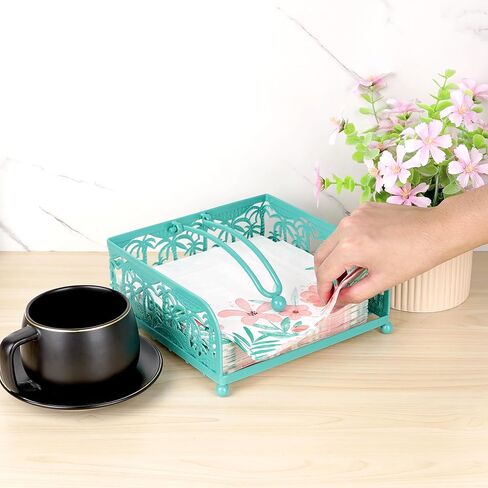 Flat Napkin Holder - Coastal Teal Metal Caddy with Weighted Arm for 6.5" Square Luncheon Napkins, Windproof Nautical Palm Tree Decor for Kitchen, Outdoor Picnic, BBQ, Beach Party in Kuwait