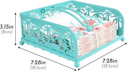 Flat Napkin Holder - Coastal Teal Metal Caddy with Weighted Arm for 6.5" Square Luncheon Napkins, Windproof Nautical Palm Tree Decor for Kitchen, Outdoor Picnic, BBQ, Beach Party in Kuwait