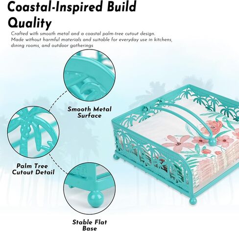 Flat Napkin Holder - Coastal Teal Metal Caddy with Weighted Arm for 6.5" Square Luncheon Napkins, Windproof Nautical Palm Tree Decor for Kitchen, Outdoor Picnic, BBQ, Beach Party in Kuwait