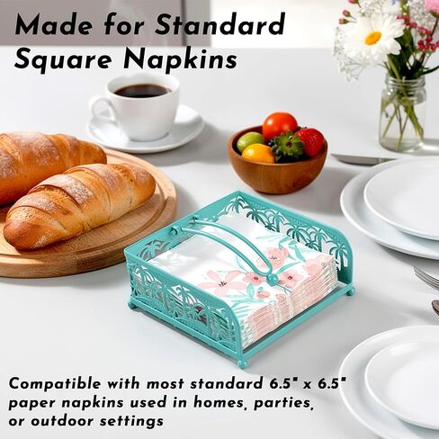 Flat Napkin Holder - Coastal Teal Metal Caddy with Weighted Arm for 6.5" Square Luncheon Napkins, Windproof Nautical Palm Tree Decor for Kitchen, Outdoor Picnic, BBQ, Beach Party in Kuwait