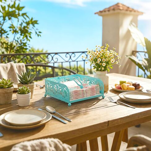 Flat Napkin Holder - Coastal Teal Metal Caddy with Weighted Arm for 6.5" Square Luncheon Napkins, Windproof Nautical Palm Tree Decor for Kitchen, Outdoor Picnic, BBQ, Beach Party in Kuwait