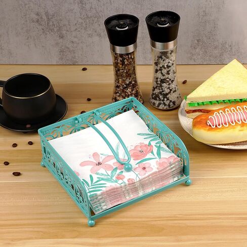 Flat Napkin Holder - Coastal Teal Metal Caddy with Weighted Arm for 6.5" Square Luncheon Napkins, Windproof Nautical Palm Tree Decor for Kitchen, Outdoor Picnic, BBQ, Beach Party in Kuwait
