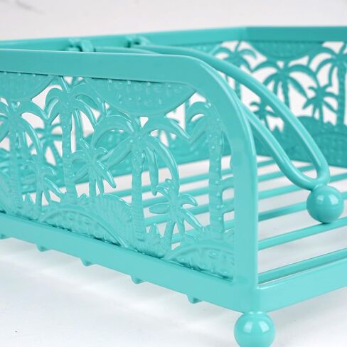 Flat Napkin Holder - Coastal Teal Metal Caddy with Weighted Arm for 6.5" Square Luncheon Napkins, Windproof Nautical Palm Tree Decor for Kitchen, Outdoor Picnic, BBQ, Beach Party in Kuwait