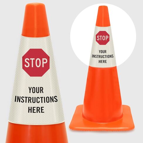 SmartSign Custom STOP Cone Message Sleeve, Prismatic Reflective Vinyl Cone Collar for Safety/Traffic Cone, 3-Side Printing, Red, Black and White (Cone Not Included), Made in USA in Saudi Arabia