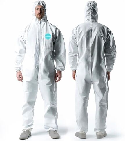 Andes Safety 25 Pack Hazmat Suits، شديدة التحمل لكامل الجسم يمكن التخلص منها، أغطية مع غطاء محرك السيارة، معصمين مرنين in Kuwait