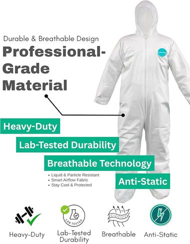 Andes Safety 25 Pack Hazmat Suits، شديدة التحمل لكامل الجسم يمكن التخلص منها، أغطية مع غطاء محرك السيارة، معصمين مرنين in Kuwait