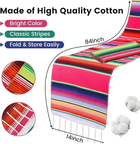 DomeStar 2 Pack Fiesta Mexican Runners, 14x84 Serape Table Runner with Tassel Fringe, Vibrant Striped Caminos de Mesa for Cinco de Mayo, Mexican Party, Wedding & Home Table Decor in Saudi Arabia