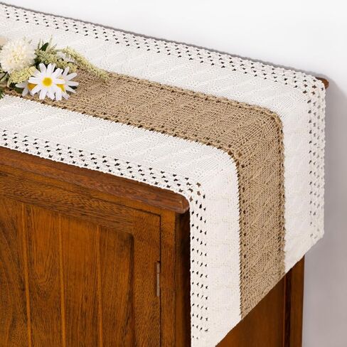 Socomi Boho Table Runner Spring Easter Farmhouse Rustic Macrame Seasonal Long Woven Cotton Linen Small Coffee Table Runner for Dresser Scarf Home Decor Dining Room 36in Ivory and Burlap in Kuwait