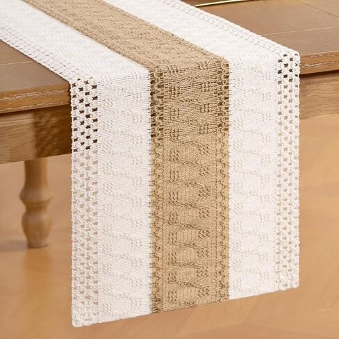 Socomi Boho Table Runner Spring Easter Farmhouse Rustic Macrame Seasonal Long Woven Cotton Linen Small Coffee Table Runner for Dresser Scarf Home Decor Dining Room 36in Ivory and Burlap in Kuwait