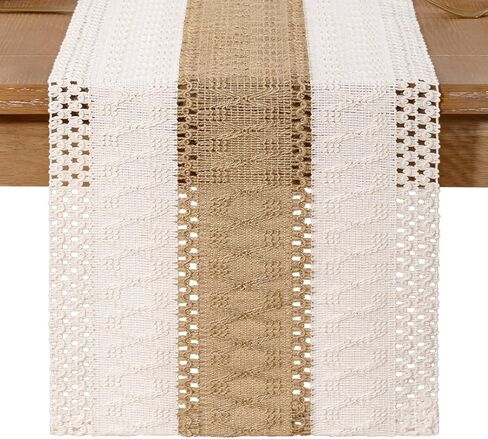 Socomi Boho Table Runner Spring Easter Farmhouse Rustic Macrame Seasonal Long Woven Cotton Linen Small Coffee Table Runner for Dresser Scarf Home Decor Dining Room 36in Ivory and Burlap in Kuwait