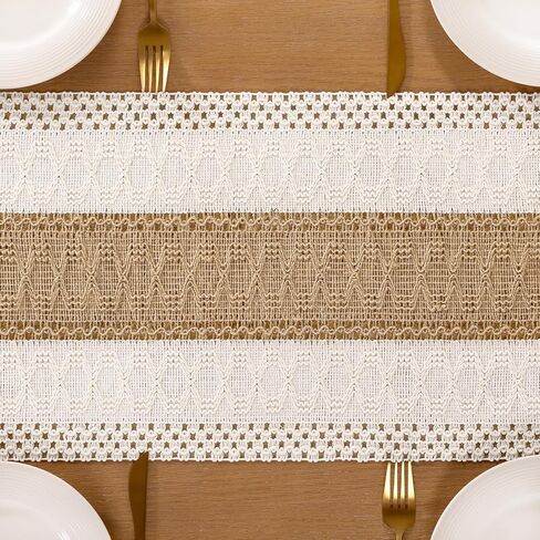 Socomi Boho Table Runner Spring Easter Farmhouse Rustic Macrame Seasonal Long Woven Cotton Linen Small Coffee Table Runner for Dresser Scarf Home Decor Dining Room 36in Ivory and Burlap in Kuwait