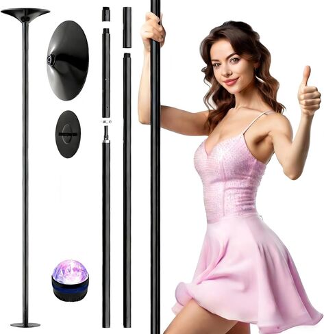 عمود رقص PYY للمنزل - عمود رقص قابل للتعديل والمحمول لحانة استوديو الصالة الرياضية، لمسة نهائية من الكروم، أوضاع الدوران والثبات، لا يتطلب الحفر، أضواء LED عن بعد، أسود in Kuwait