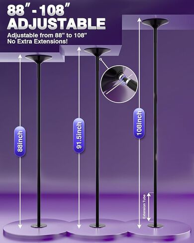 عمود رقص PYY للمنزل - عمود رقص قابل للتعديل والمحمول لحانة استوديو الصالة الرياضية، لمسة نهائية من الكروم، أوضاع الدوران والثبات، لا يتطلب الحفر، أضواء LED عن بعد، أسود in Kuwait