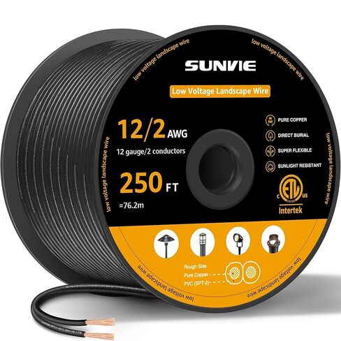 SUNVIE 12/2 سلك المناظر الطبيعية ذات الجهد المنخفض 250FT مع بكرة إضاءة المناظر الطبيعية في الهواء الطلق كابل 12 قياس 2 موصلات سلك الجهد المنخفض لأضواء المناظر الطبيعية، ETL المدرجة، النحاس النقي، الدفن المباشر in Kuwait