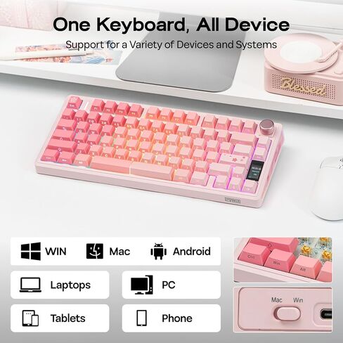 EPOMAKER TH80 V2 PRO Wireless Gaming Keyboard with Screen&Knob, 10000mAh, 2.4Ghz/BT/USB-C, RGB, Hot Swap, Custom Driver, NKRO, PBT Keycap, Mechanical Keyboard for PC/Mac (Pink, Sea Salt Silent) in Saudi Arabia