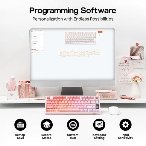 EPOMAKER TH80 V2 PRO Wireless Gaming Keyboard with Screen&Knob, 10000mAh, 2.4Ghz/BT/USB-C, RGB, Hot Swap, Custom Driver, NKRO, PBT Keycap, Mechanical Keyboard for PC/Mac (Pink, Sea Salt Silent) in Saudi Arabia