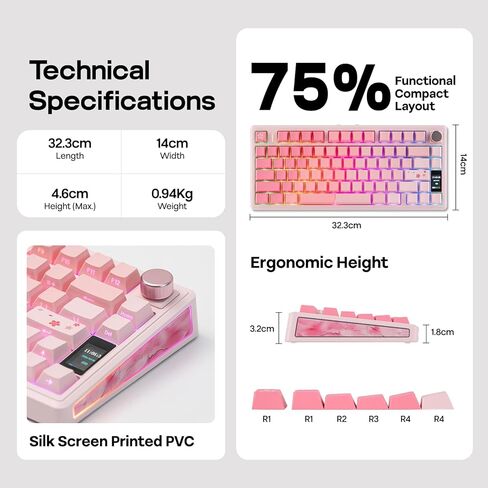 EPOMAKER TH80 V2 PRO Wireless Gaming Keyboard with Screen&Knob, 10000mAh, 2.4Ghz/BT/USB-C, RGB, Hot Swap, Custom Driver, NKRO, PBT Keycap, Mechanical Keyboard for PC/Mac (Pink, Sea Salt Silent) in Saudi Arabia