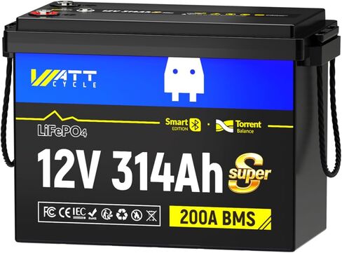 WattCycle 12V 300Ah (314Ah) LiFePO4 بطارية ليثيوم صغيرة الحجم، 4000+ دورة، 200A BMS و4.01kWh طاقة، زعانف تبريد مطورة وأسلاك مضفرة، مثالية للمركبات الترفيهية والبحرية والتخييم والطاقة الشمسية خارج الشبكة (3 عبوات) in Kuwait