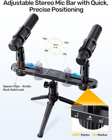 Stereo Array Spacing Microphone Holder with All-Metal Mic Ball Head Adapter, Adjustable Mic Mount Bar for Two Mics/Booms with 3/8" - 5/8" Screw Adapters, Fits Mic Stands for Recording, Live Streaming﻿ in Kuwait
