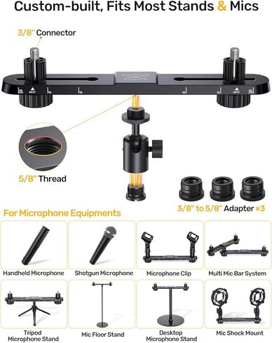 Stereo Array Spacing Microphone Holder with All-Metal Mic Ball Head Adapter, Adjustable Mic Mount Bar for Two Mics/Booms with 3/8" - 5/8" Screw Adapters, Fits Mic Stands for Recording, Live Streaming﻿ in Kuwait