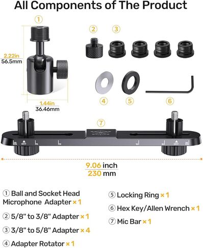 Stereo Array Spacing Microphone Holder with All-Metal Mic Ball Head Adapter, Adjustable Mic Mount Bar for Two Mics/Booms with 3/8" - 5/8" Screw Adapters, Fits Mic Stands for Recording, Live Streaming﻿ in Kuwait