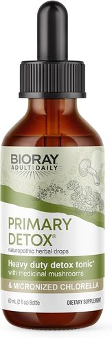 BIORAY Daily Primary Detox - 2 أونصة سائلة - مع الفطر الطبي والكلوريلا الدقيقة - عضوي، غير معدّل وراثيًا، نباتي، خالي من الغلوتين - تقريبًا. 15 حصة in Kuwait