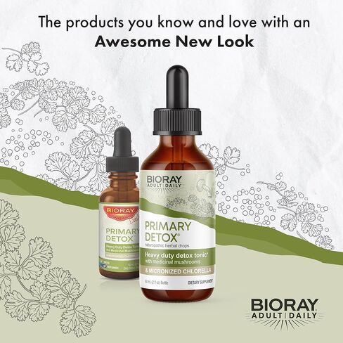 BIORAY Daily Primary Detox - 2 أونصة سائلة - مع الفطر الطبي والكلوريلا الدقيقة - عضوي، غير معدّل وراثيًا، نباتي، خالي من الغلوتين - تقريبًا. 15 حصة in Kuwait